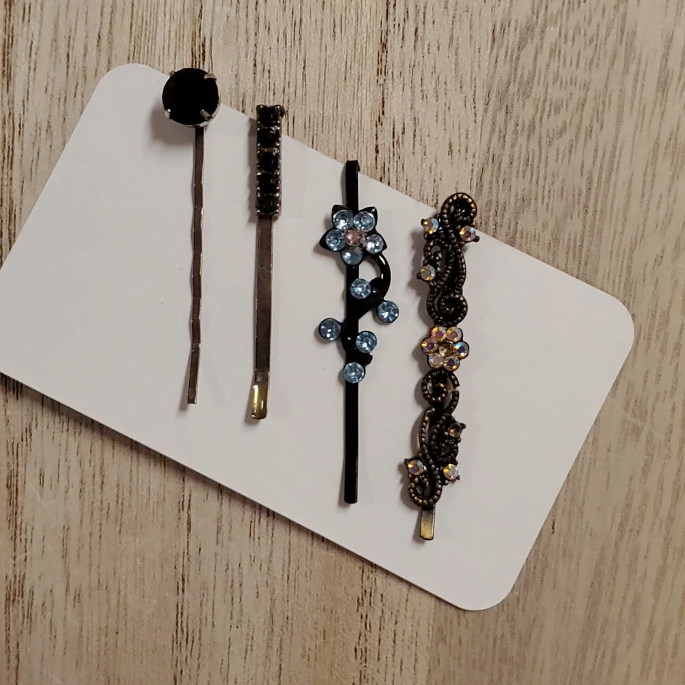 Set of 4 rhinestone embellished bobby hair pins AB blue and black floral motif